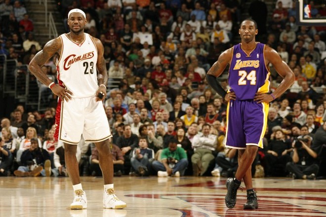 LeBron in Nike LeBron V White/Gold, Kobe in Nike Zoom Kobe III "Black Mamba"