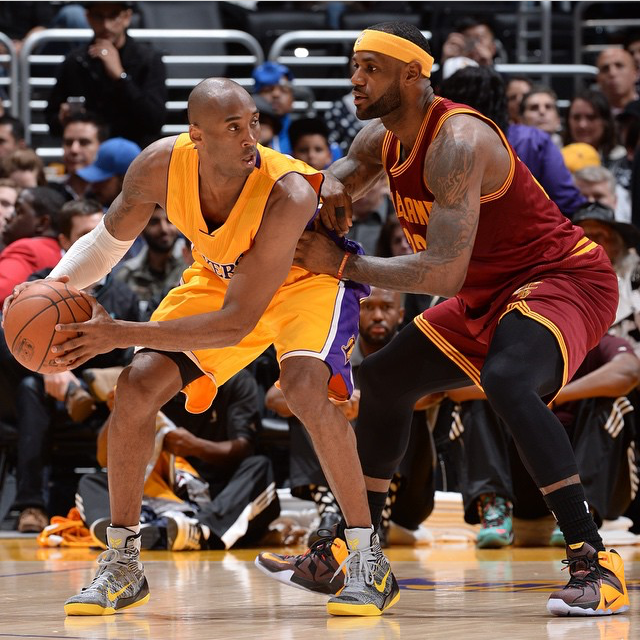 LeBron James in Nike LeBron 12 PE guarding Kobe in Nike Kobe 9 PE