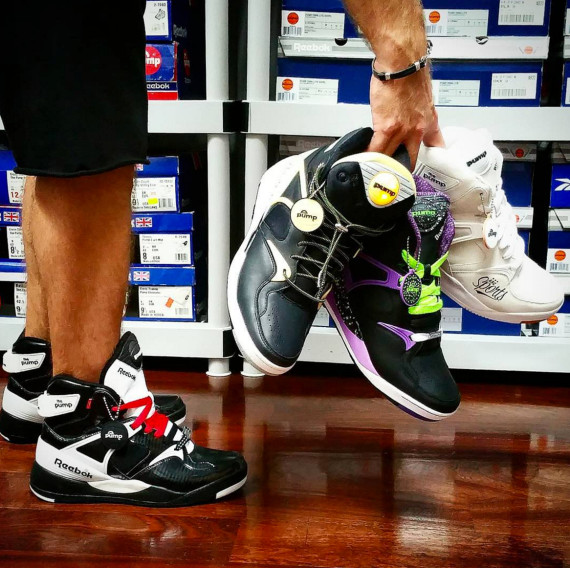Deeboks with the Espionage Pump 20 on feet, holding the HUF, A.R.C., and atmos Pumps.