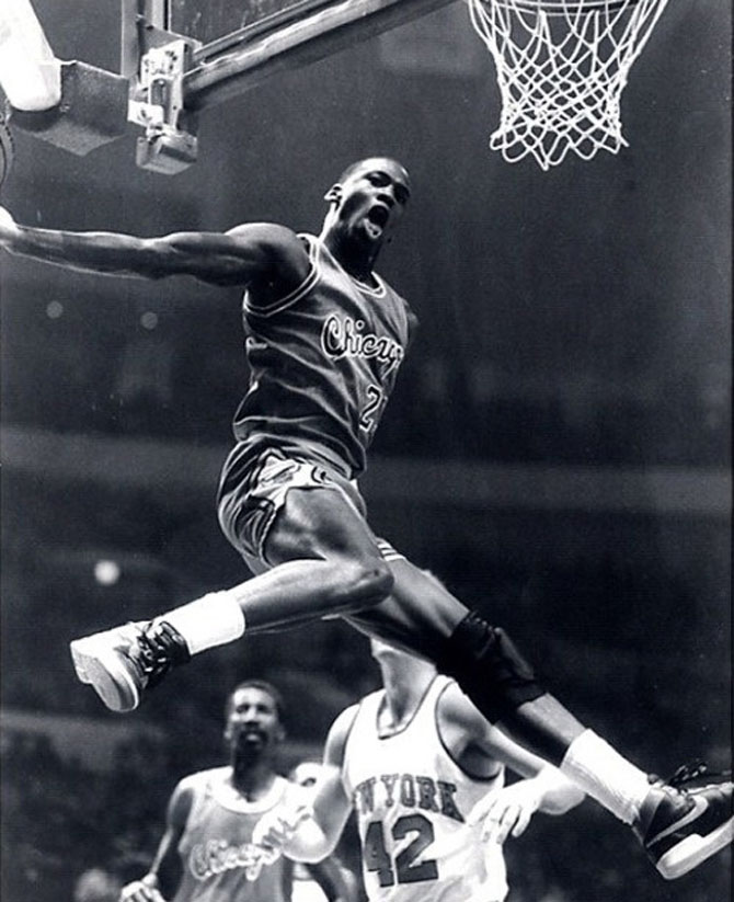 1985 Pre-Season Game: Michael Jordan wearing the Nike Air Ship Black/Red/White (the actual sneaker that was banned by the NBA)