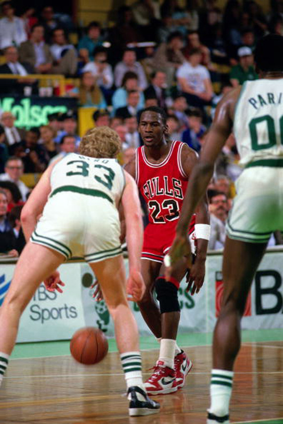 Michael Jordan wearing the Jordan 1.5 against Larry Bird and the Celtics