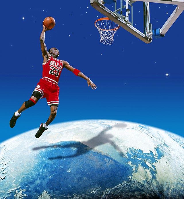 Michael Jordan dunking over the globe