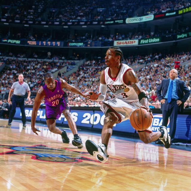 Allen Iverson drives in the Reebok Answer IV
