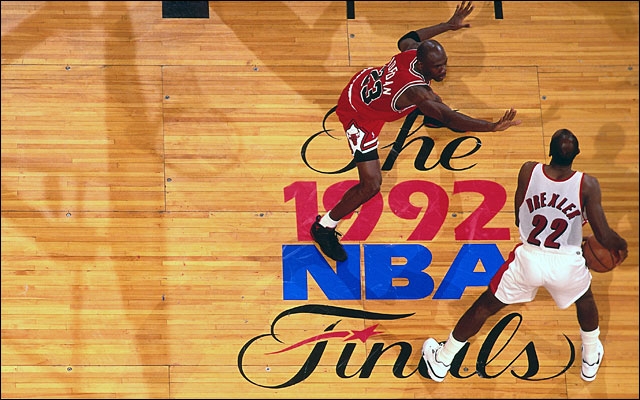 Michael Jordan in Air Jordan 7 Black-True Red, Clyde Drexler in Avia